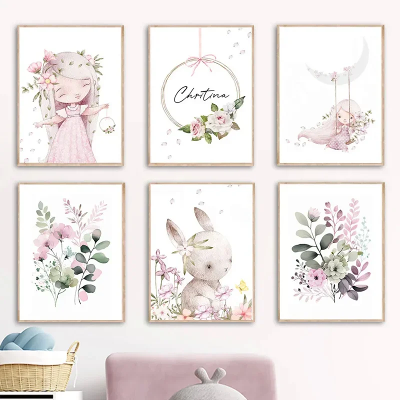 Resin Art Name - Nordische Cartoon-Ästhetik Wandkunst Rosa Mädchen Kaninchen