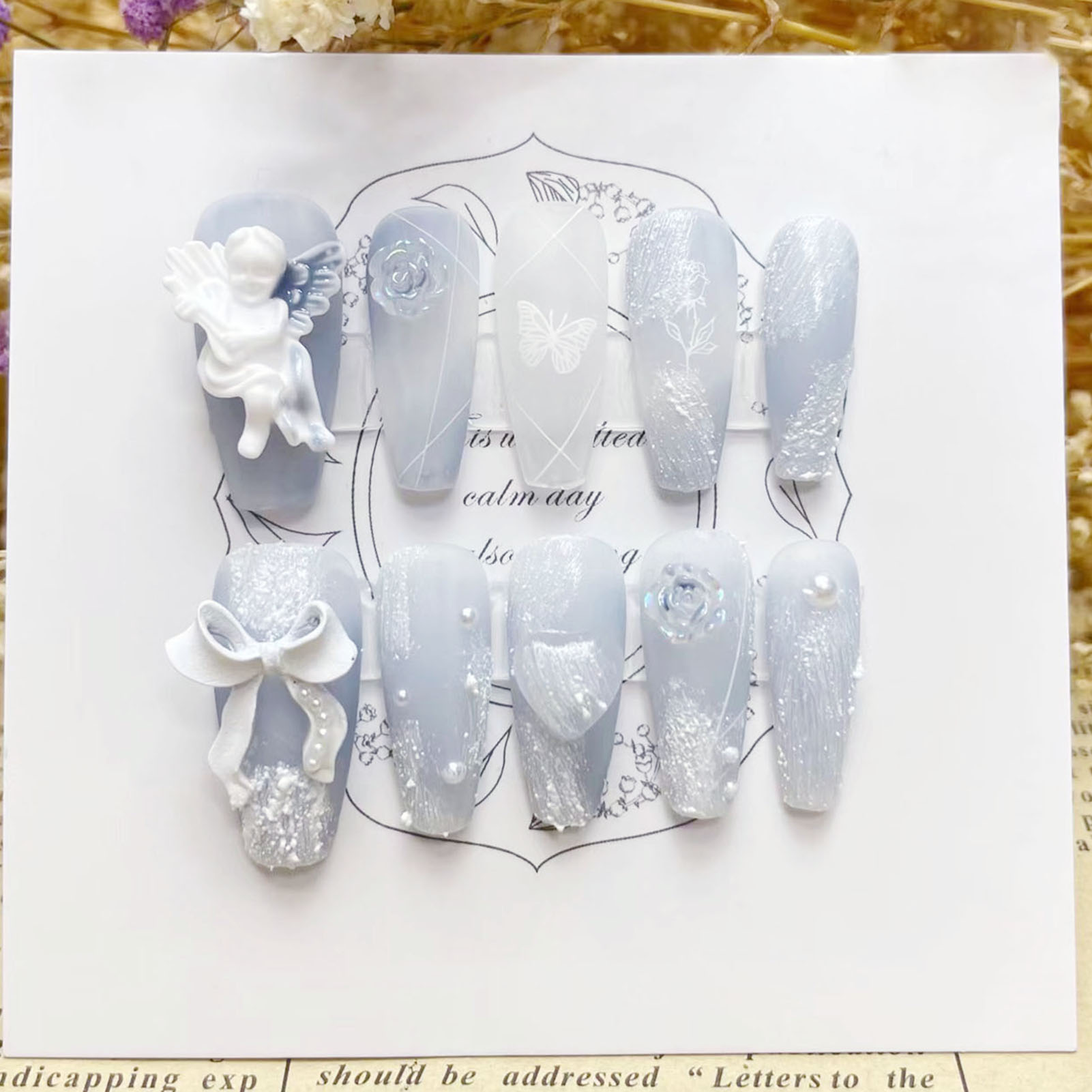 Resin Art Flower - 3D-Gips-Engel-Kunstnägel, glänzend, Dunstblau, handgefertigt, zum Aufdrücken