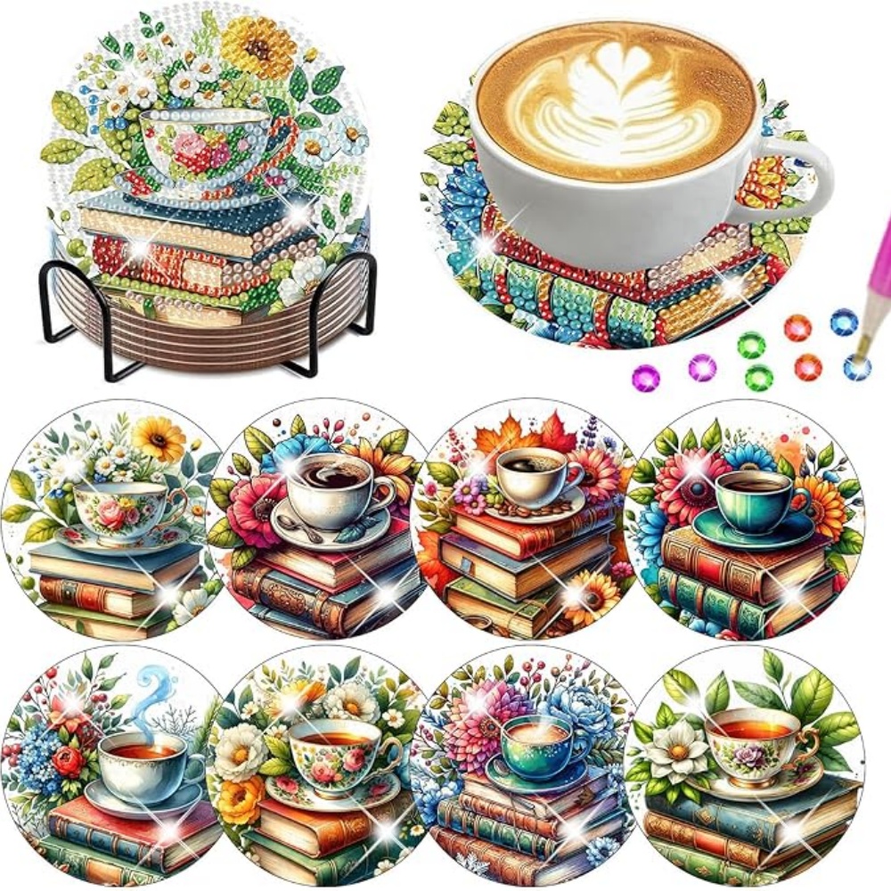 Resin Art Coasters - 8-teiliges DIY Diamant-Malerei-Untersetzer-Set mit Ständer, Buchmuster