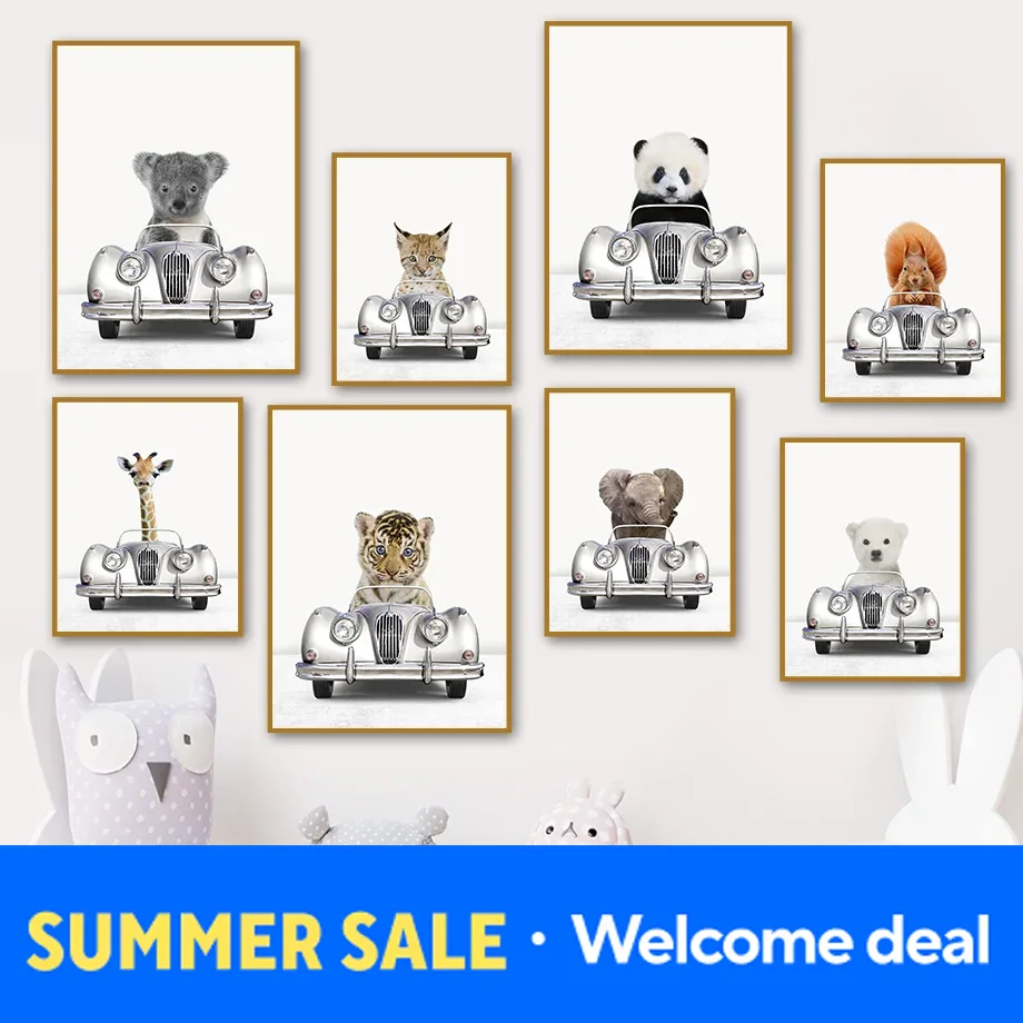 Resin Art For Kids - 2026 Niedliche Tiere im Vintage-Auto Wandkunst-Drucke
