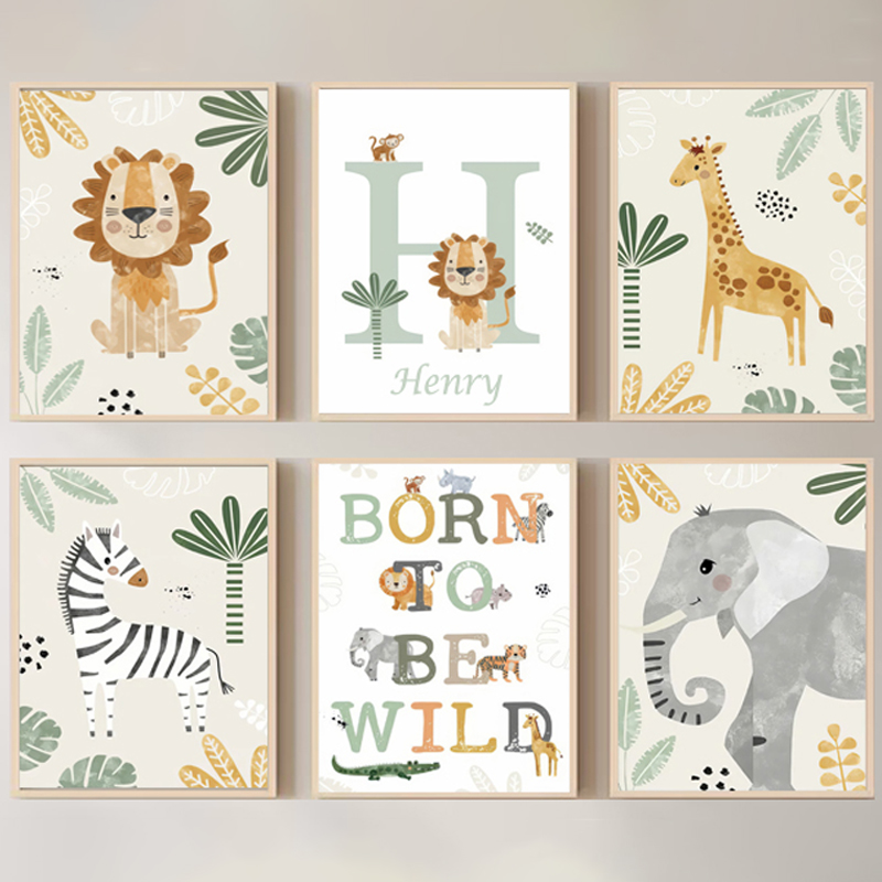 Resin Art Name - Personalisiertes Baby-Namensposter mit Dschungeltieren: Löwe, Zebra,