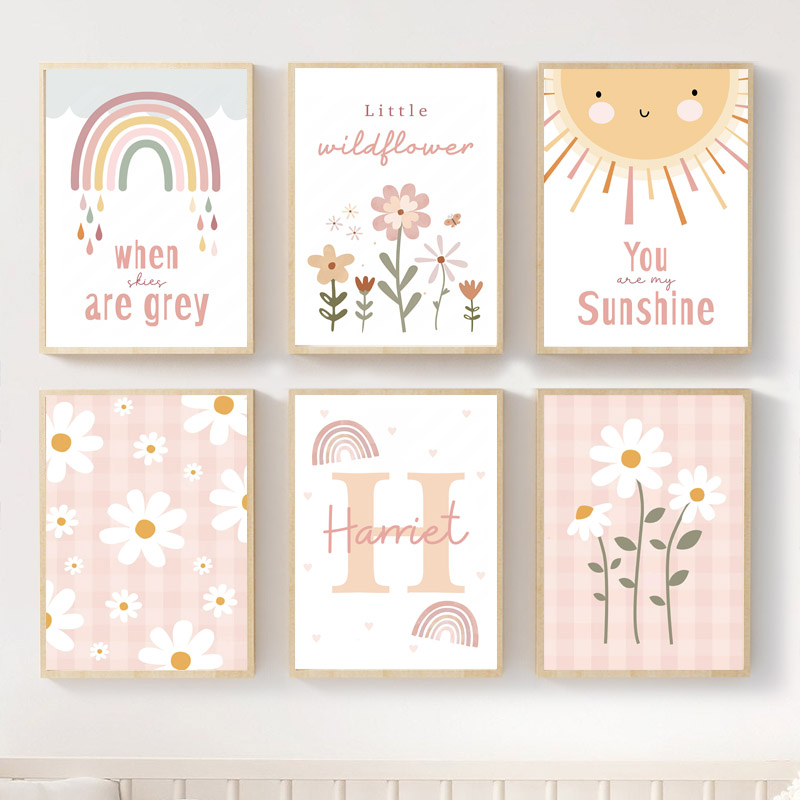 Resin Art Name - Rosa Wildblumen Sonnen-Regenbogen Kinderzimmer Wandkunst Diamantmalerei